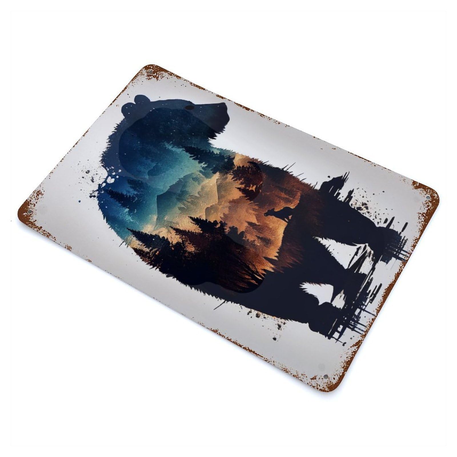 Bear Silhouette Vintage Wall Sign 11.8"x7.9", Rust Effect Metal Decor for Farmhouse, Kitchen And Entryway Decor