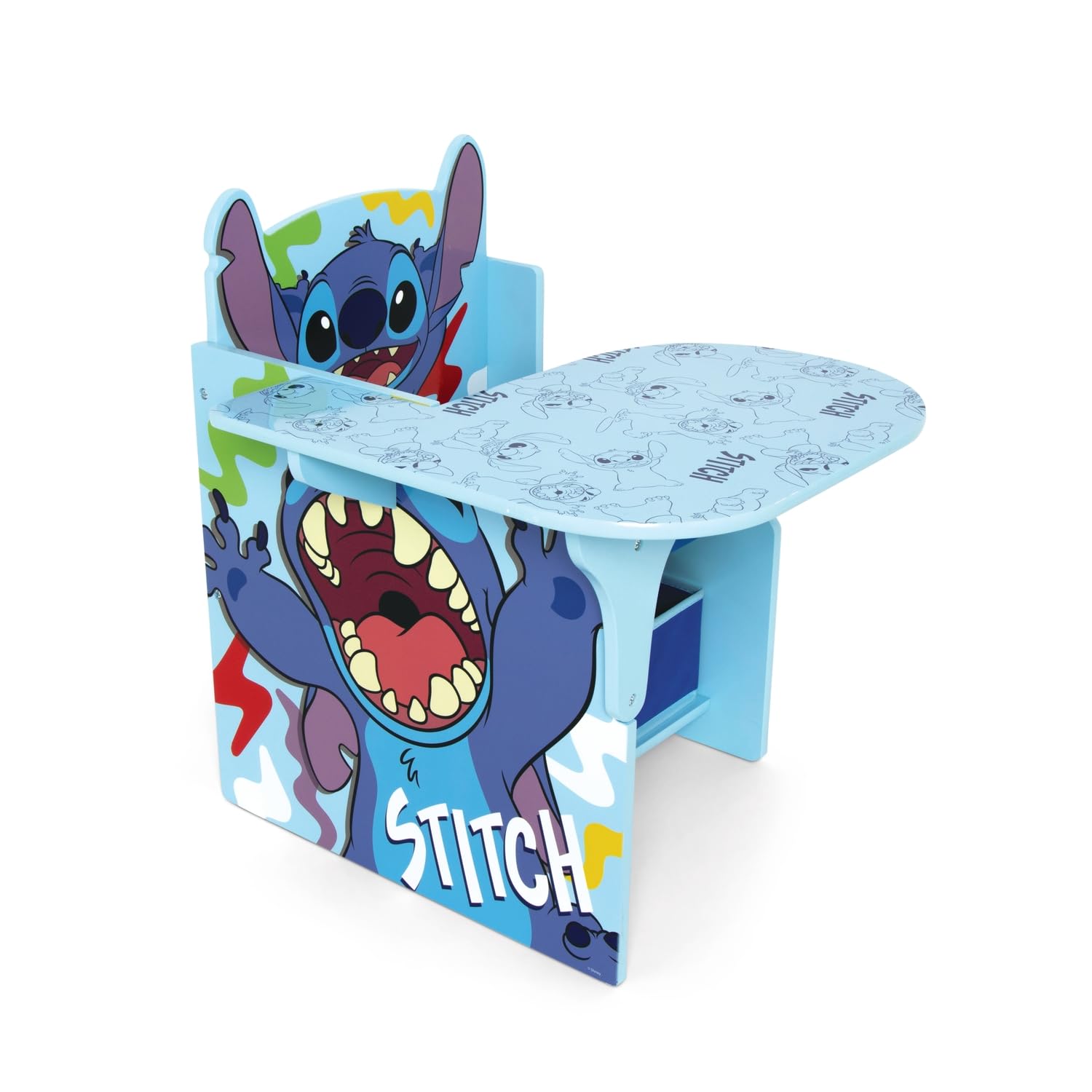 ARDITEX - Silla-​Pupitre Infantil de Madera con contenedor Textil de Stitch de Disney - 62x30x60cm - Color Azul - Ideal para Manualidades, estudiar o Jugar.