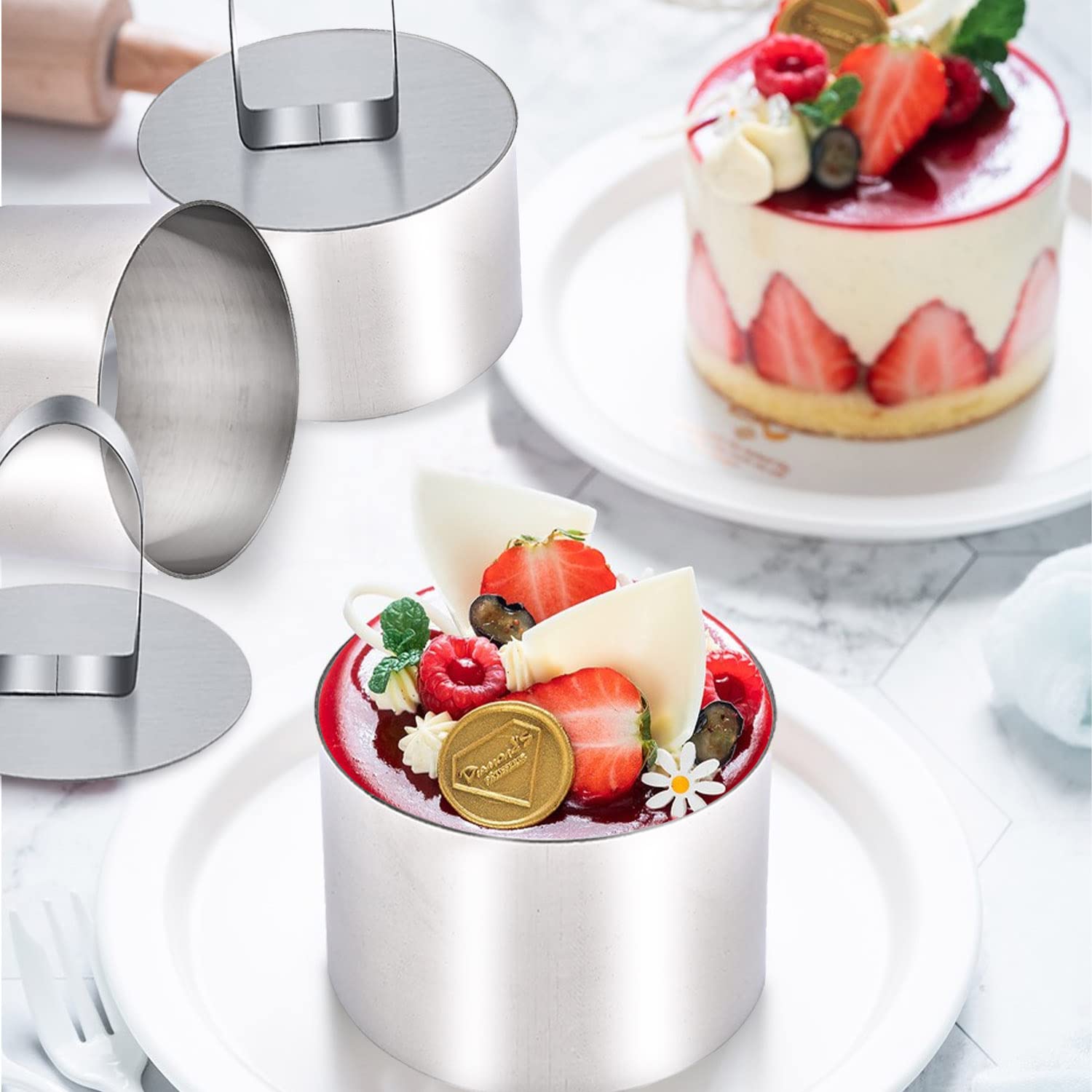 Set van 4 dessertringen en dinerringen, serveerringen, rechterringen, roestvrij staal, 8 cm kleine taartringen, dessertvormen, dessertringen, kookringen voor dessert, cake, mousse ringen