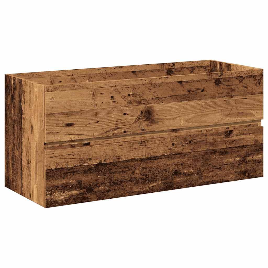 Szafka pod umywalkę z umywalką do zabudowy, wygląd starego drewna, materiał drewnopochodny 100 x 38,5 x 45 cm, biała umywalka ceramiczna z przelewem, montaż na ścianie, schowek z szufladą na