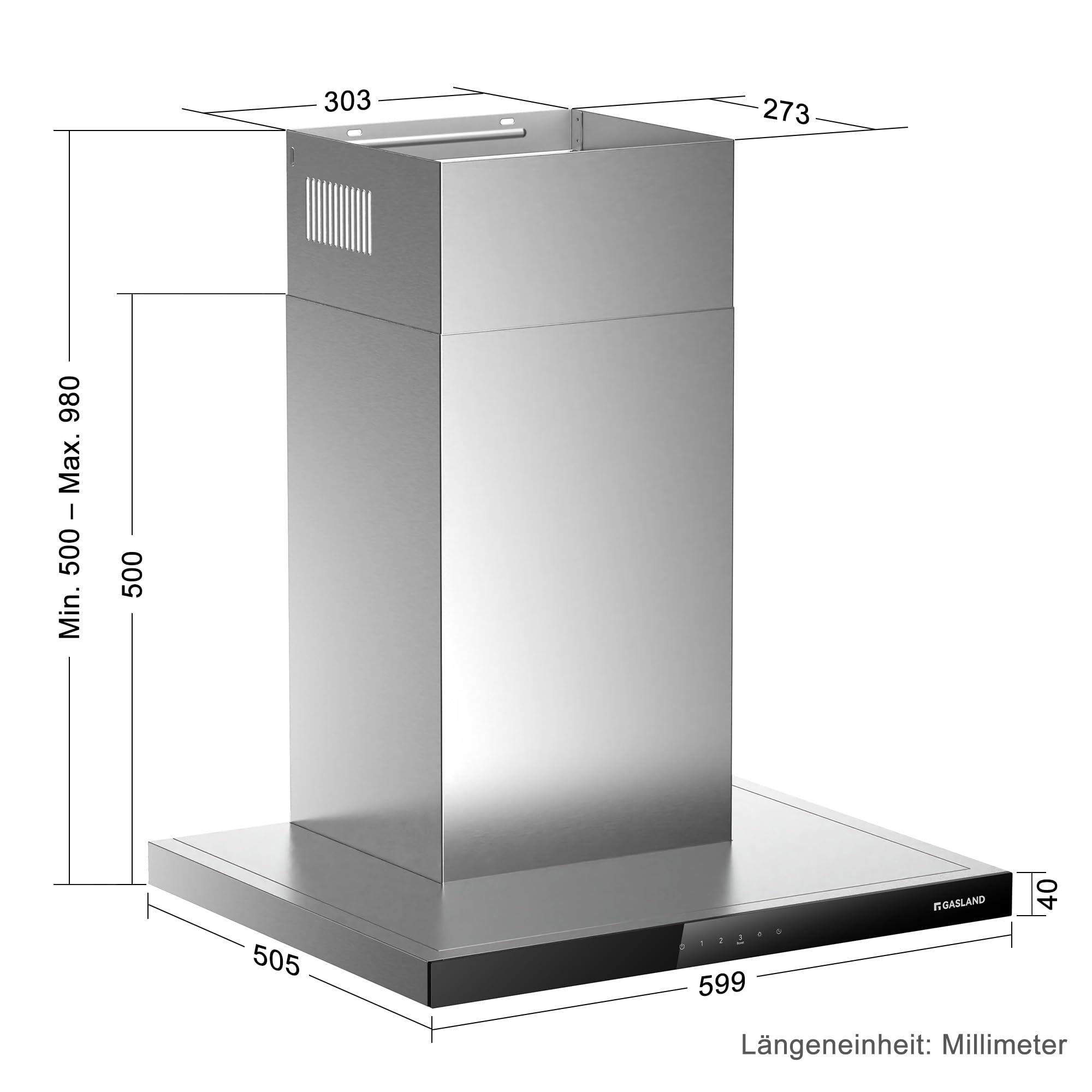 GASLAND TR60SS Hotte Aspirante 60 cm, Recyclage ou Évacuation, 881 m³/h, Classe A++, Filtre à Charbon Actif Inclus, 4 Vitesses Tactiles, Hotte Murale Silencieuse en Inox Argent