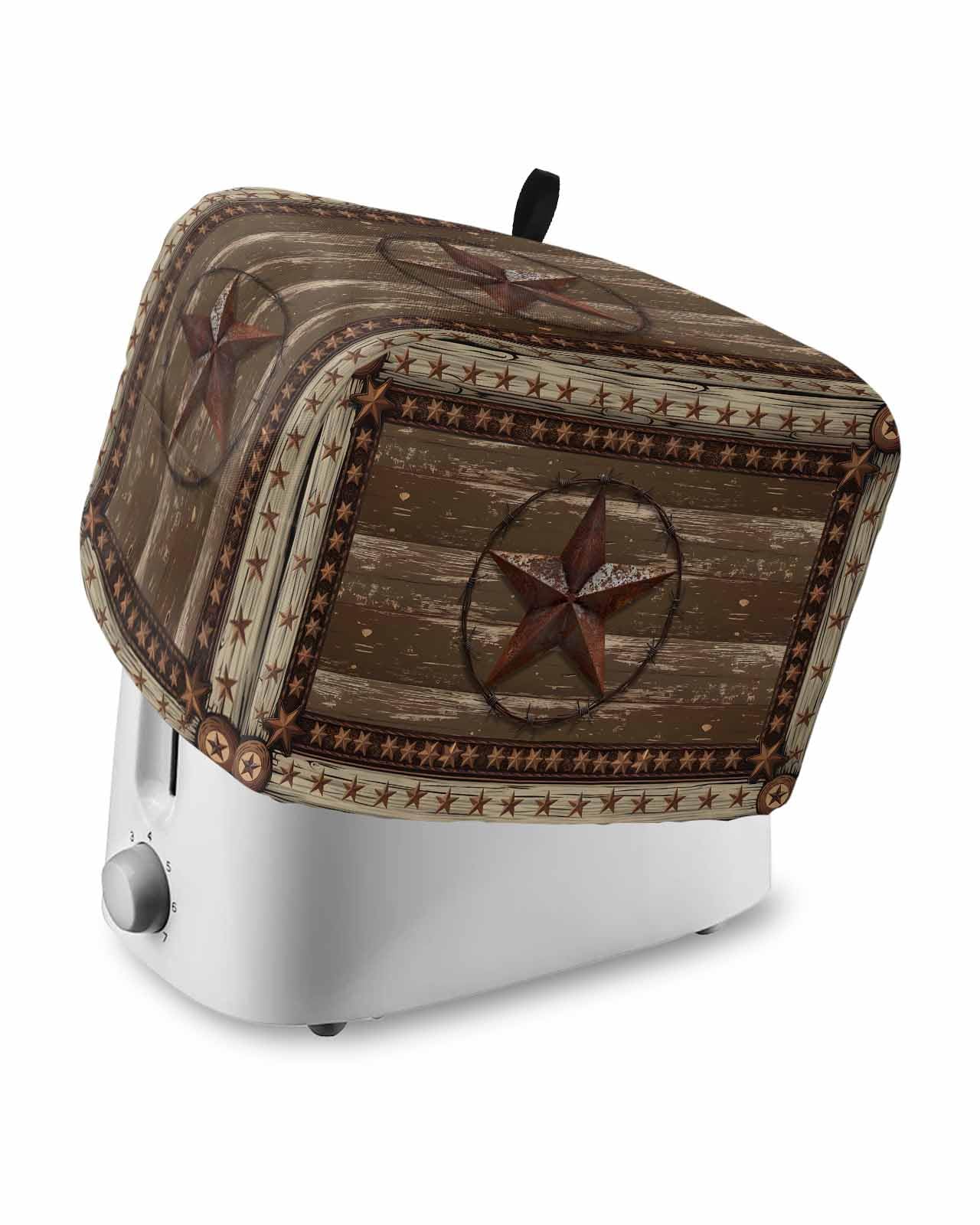 Texas Star Brown Toaster Cover 4 Slice, Farmhouse Vintage Wood Grain Dustproof Bread Machine Oven Cover with Storage Pockets, Fits Most Kitchen Toasters Protector