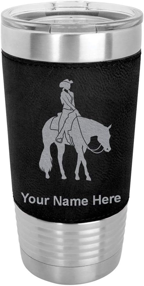 LaserGram 20oz Vacuum Insulated Tumbler Mug, Western Pleasure Horse, Personalized Engraving Included (Faux Leather, Black)