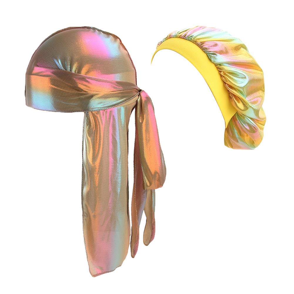 Durags and Bonnets 2pcs Set for Men Women 360 Wave Long Tail Silky Doo rag and Turban Sleep