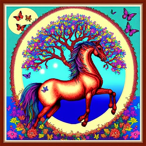 Image of Dimensean Stamped Cross Stitch Kits Full Range of Embroidery Patterns Starter Kits for Beginners Adult DIY Cross Stitches Needlepoint Kits 11CT-Horse Wreath 17.7x17.7 inch
