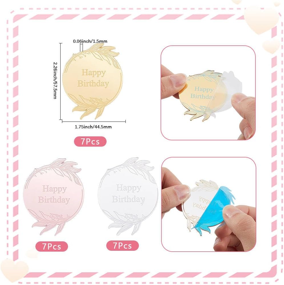 1 Box 20Pcs 3 Styles Leaf Happy Birthday Cake Topper Acrylic Mirror Cupcake Toppers Bulk Gold Silver Rosegold Round Shiny Non Edible Cake Decorations for Birthday Celebration Party DIY Decor