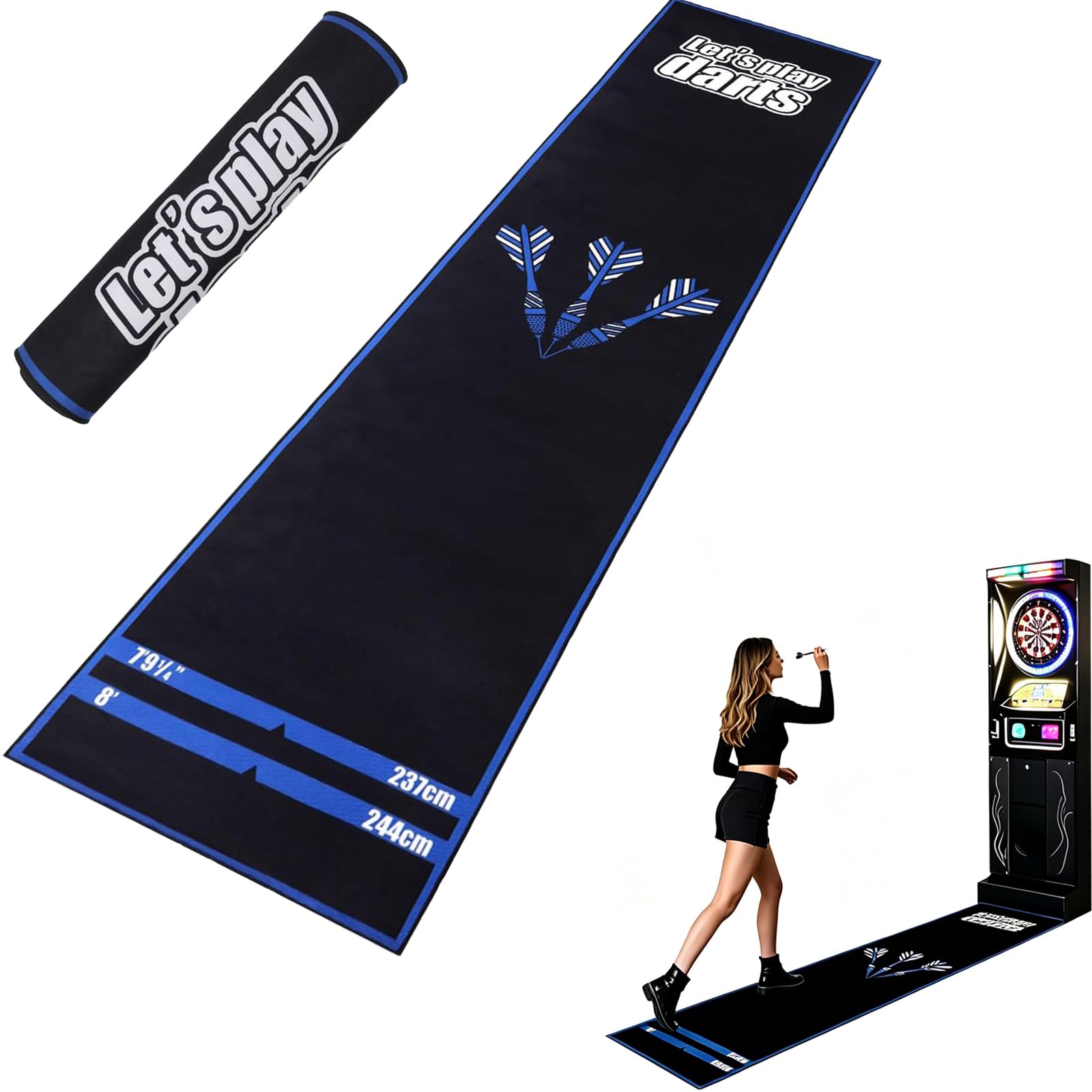 Dart Mat Oche Mat with Throw Line, Non-Slip Diatomaceous Pad for Board & Tips, Crease-Free & Flattens in Days, Rubber Backing, Roll-Up Storage, Darts Accessories for Game Room, Rec, Sports.