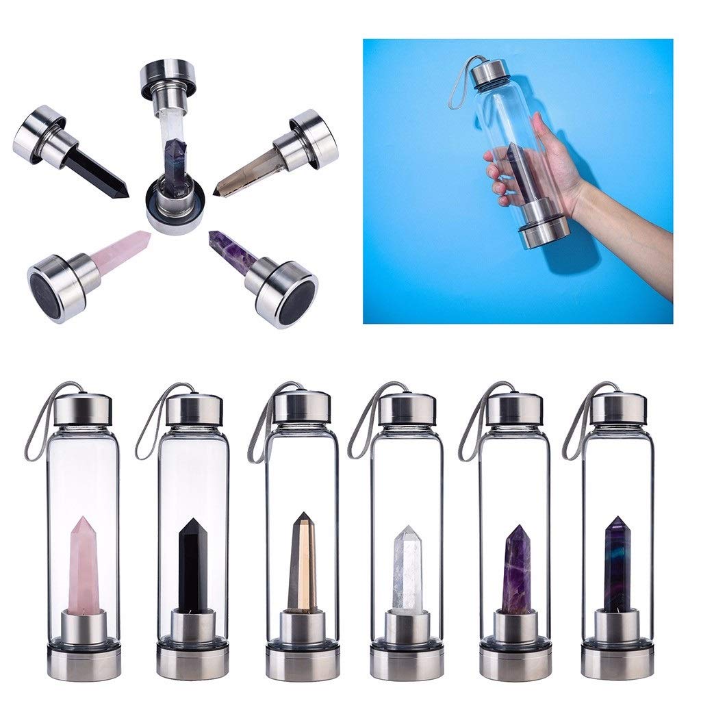SAHKGYE Botella De Agua De Cristal Natural Botella De Agua Infundida con Gemas De Cristal De Cuarzo Healing Elixir Point Reiki Crystal Obelisk Wand Stick Botella De Agua Deportiva (Color : Sapphire)