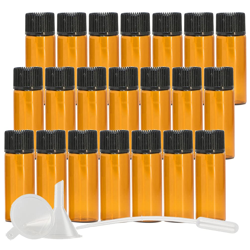 DLIBUY 50 Pack Mini 5ml Empty Amber Glass Vials Essential Oil Bottles with Orifice Reducer Black Cap for Essential Oils Lab Chemicals Cosmetic Colognes Perfume Aromatherapy Sample Bottles