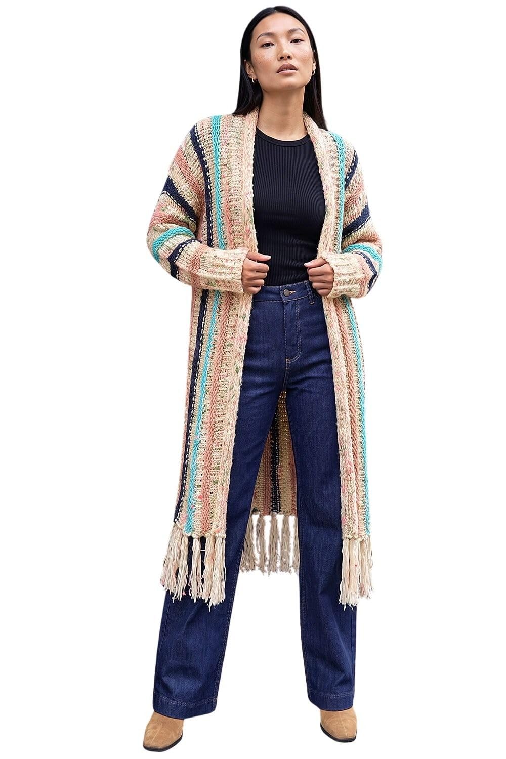 Roman Originals Women Cardigan - Ladies Longline Coatigan Tassel Open Front Cardi Winter Autumn Casual Textured Edge to Edge Yarn Patterned Comfy Work Going Out