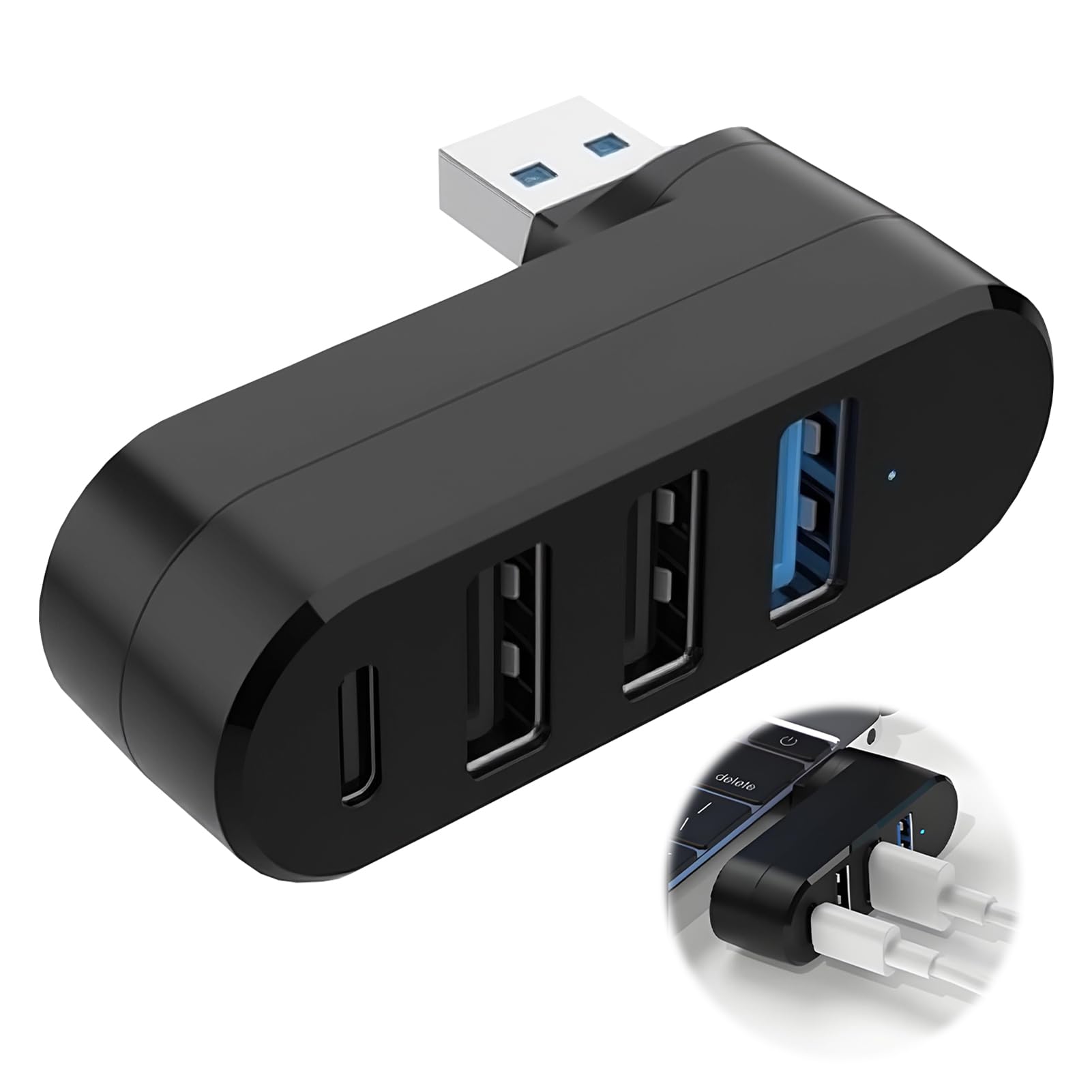 Hub USB Mini 4 En 1 – Con Puertos USB 3.0, 2.0 Y USB-C, Diseño Giratorio 180°, Para Portátil, MacBook, Compacto
