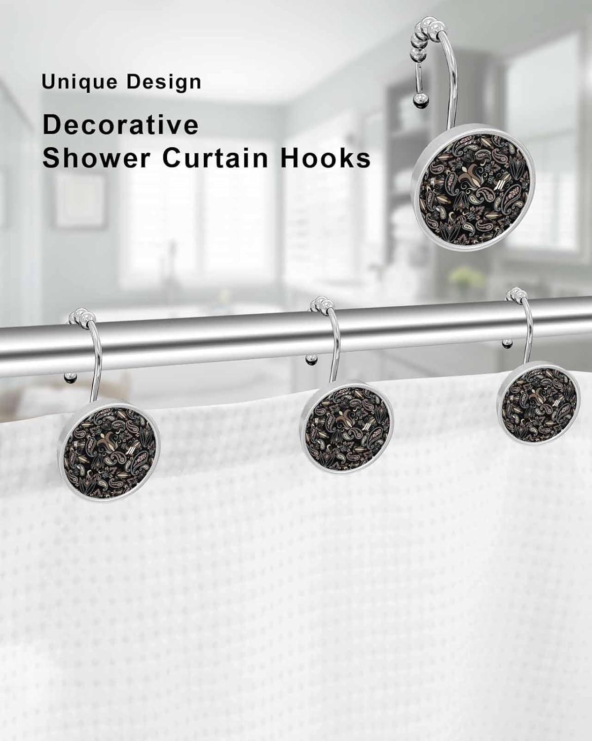 Paisley Shower Curtain Hooks 12 Pcs Black Brown Floral Abstract Retro Stainless Steel Rust Proof Rolling Shower Curtain Rings, Decorative Shower Curtain Hooks Hangers for Bathroom