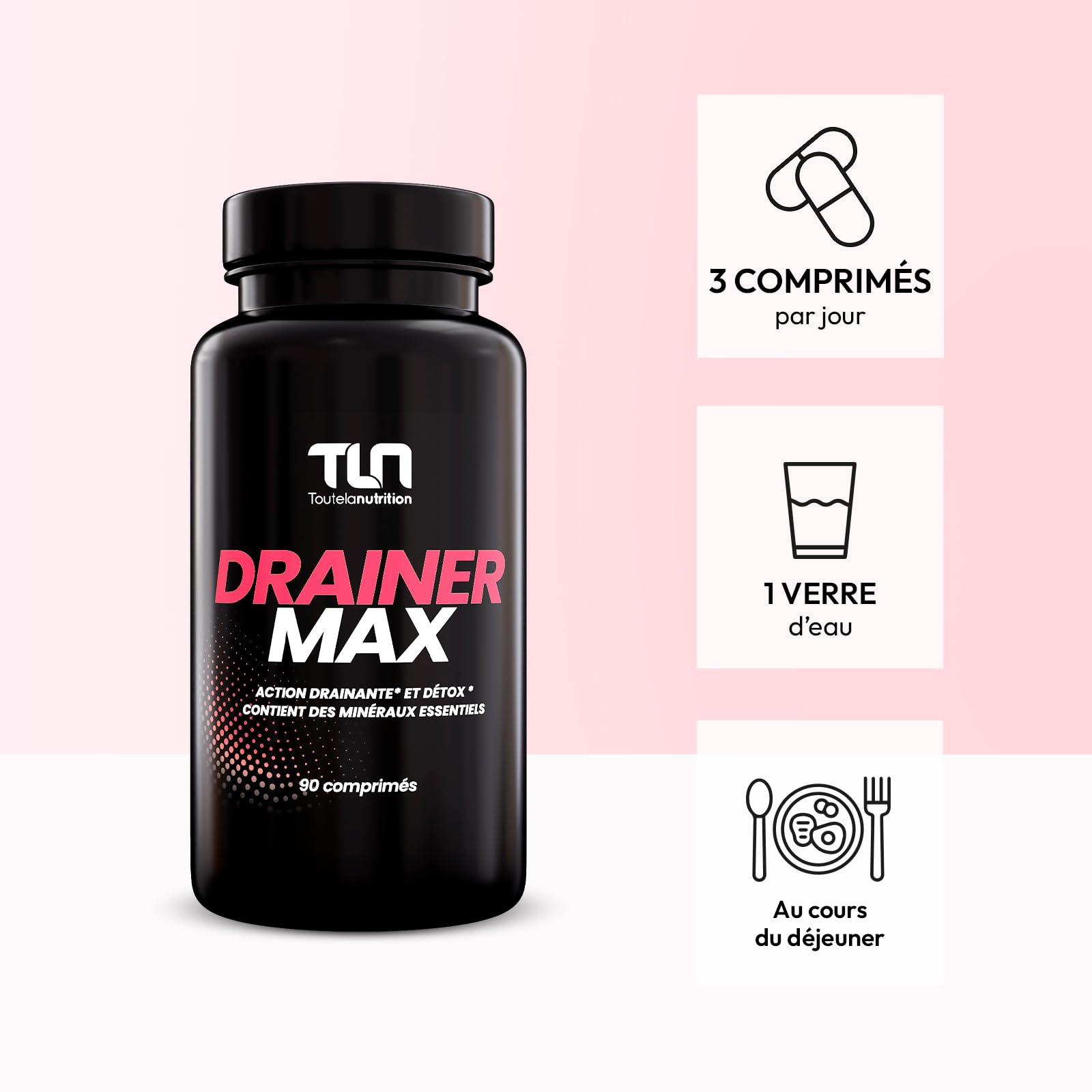 DRAINER MAX | Draineur Minceur Naturel | Avec Vinaigre de Cidre + 3 Plantes Detox : Thé Vert - Pissenlit - Prêle + 5 Minéraux | Anti-Cellulite et Rétention d’Eau | 90 comprimés | Made in France | TLN
