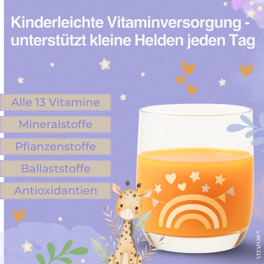 Vitamine für Kinder - Multivitamin Pulver mit Mineralstoffen ab 4 Jahren - Immunsystem Kinder - ohne Zuckerzusatz, vegan, in Deutschland hergestellt - Multifrucht-Geschmack - 30 Portionen