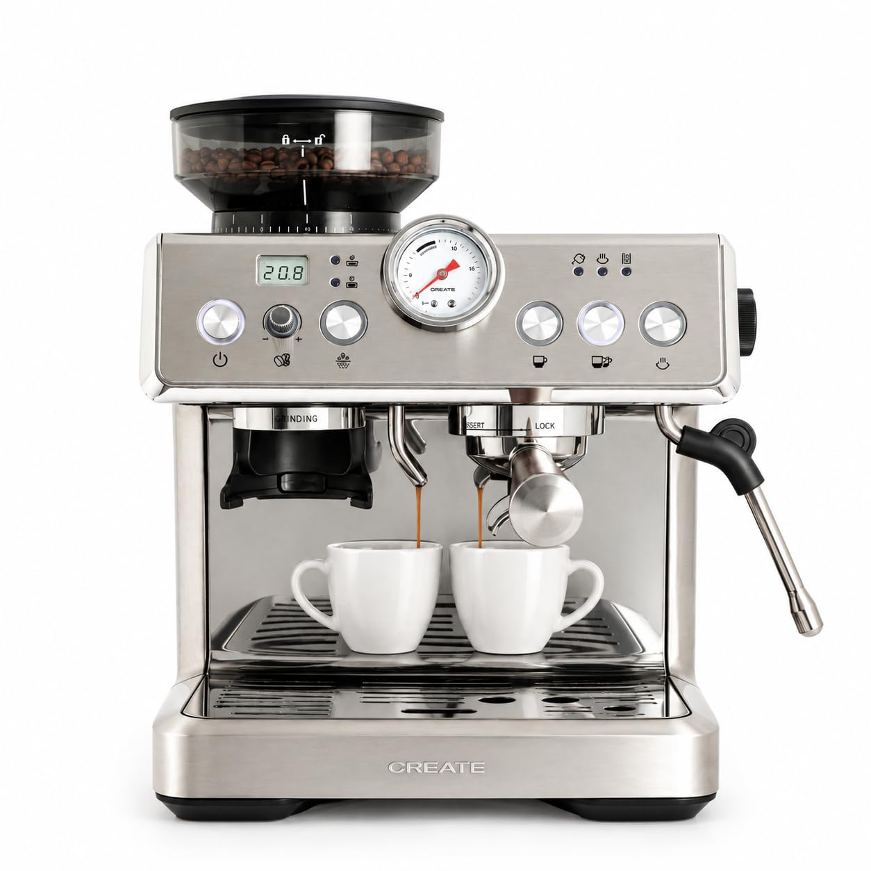 CREATE / THERA CLASSIC ADVANCE/Macchina da caffè espresso semiautomatica con vaporizzatore / 20 bar, serbatoio 250g, filtro 1-2 tazze, 15 livelli di macinatura, 2450W