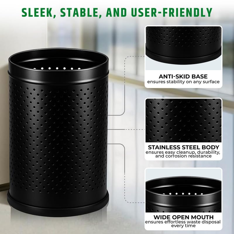 Image of Robustt Stainless Steel Perforated Design Open Top Dustbin - 18L | 10Inch (W) x 14Inch (H) Black Trash Can with Anti-skid Base | For Bathroom, Bedroom, Kitchen & Toilet or Commericial Use - Pack of 1