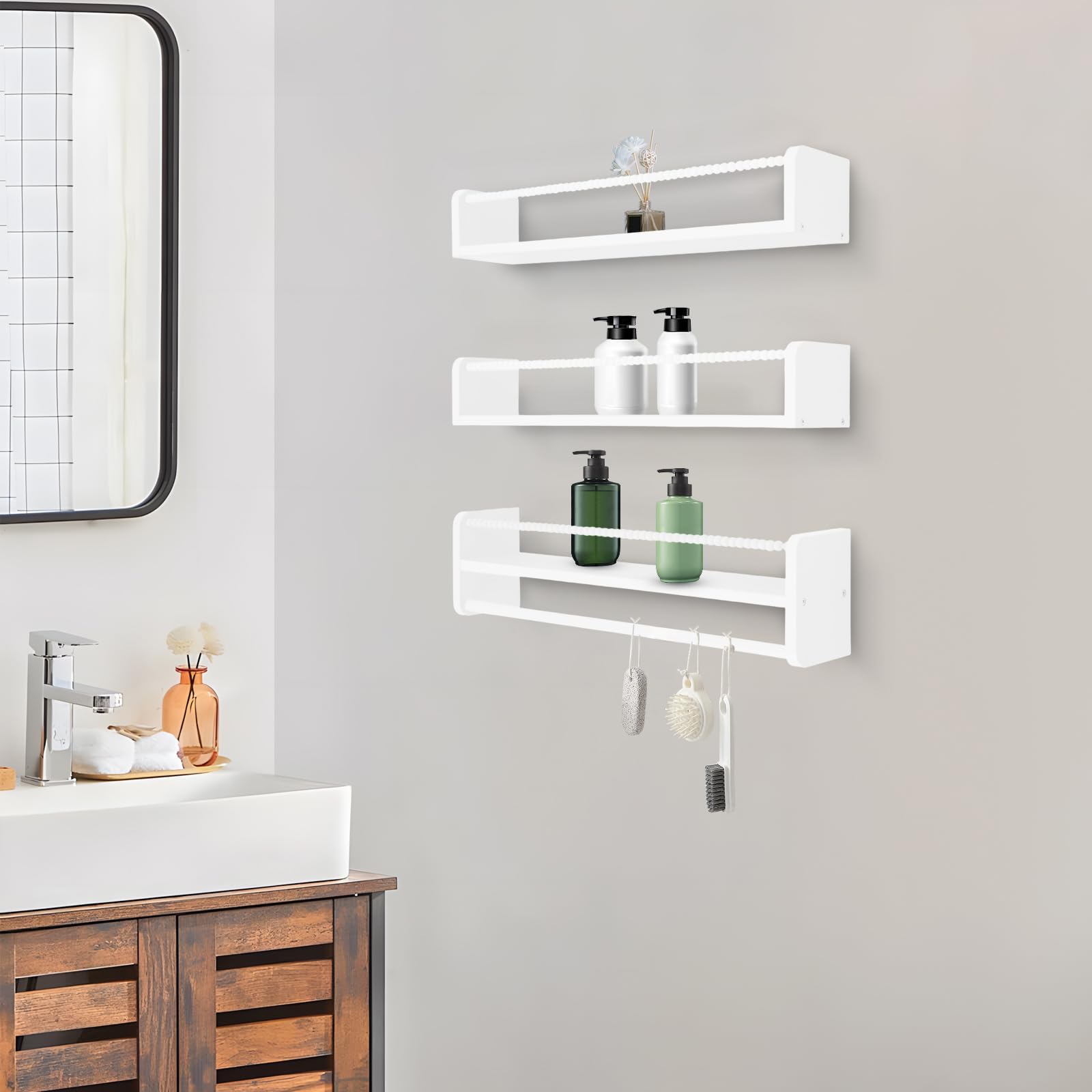 Juego de 3 estanterías infantiles de 58 cm, estantes flotantes de madera con barreras de perlas de madera, para salón, cocina, dormitorio, color blanco