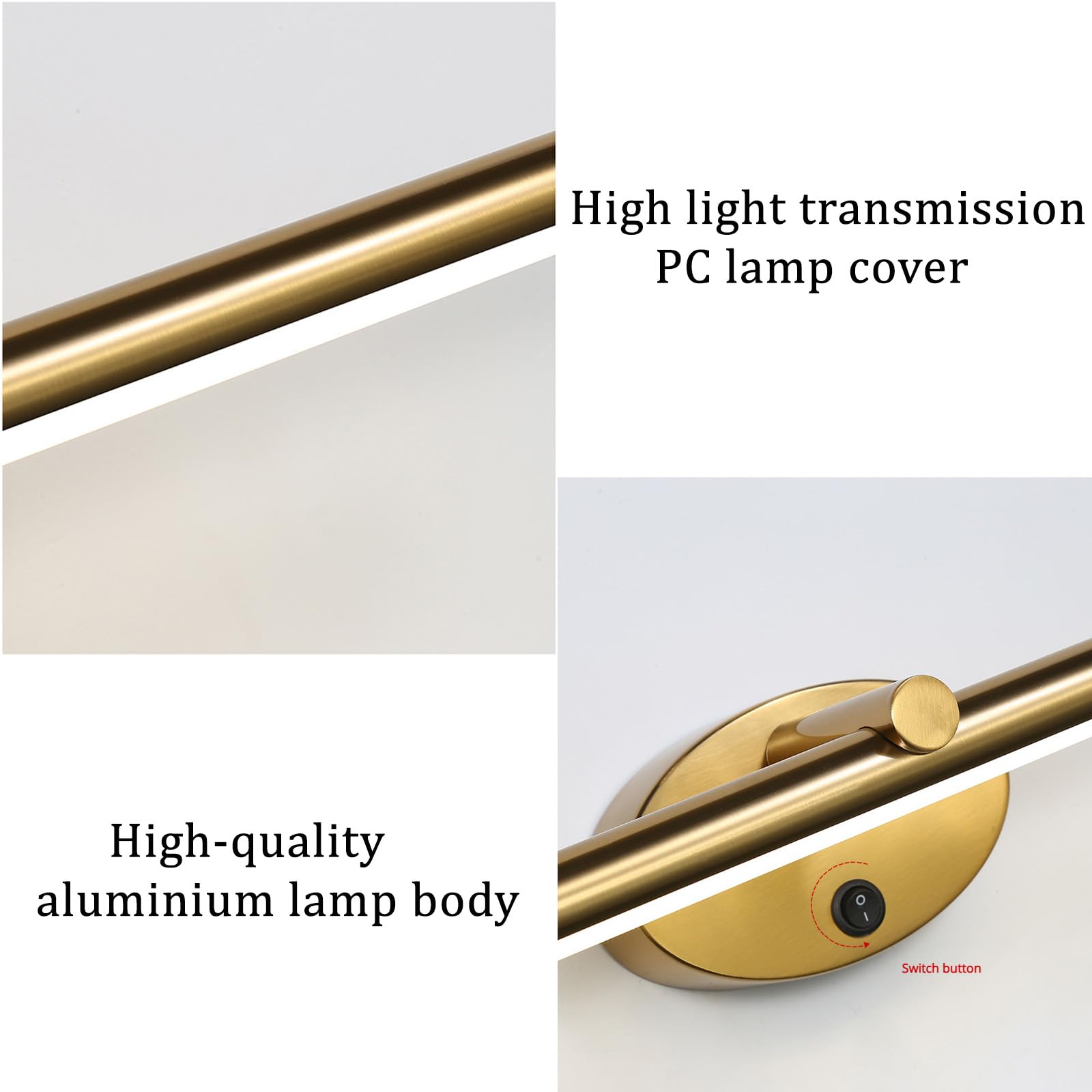 LED Spiegelleuchte Bad Wandleuchten mit Schalter Modern Metall Wandbeleuchtung Schminklicht Waschtisch Wandleuchte Spiegel Schminktisch Badezimmer Bildbeleuchtung (Goldenes Neutrales Licht,66cm)