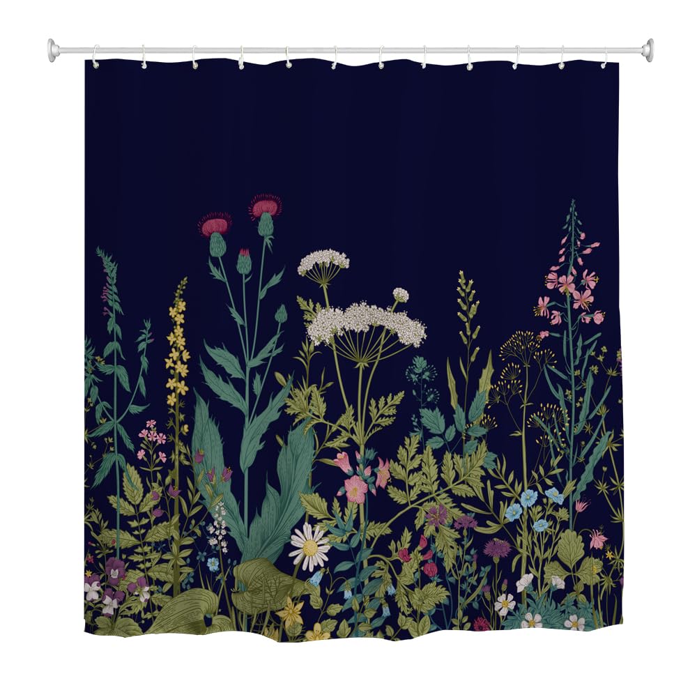 goodbath Floral Shower Curtain,Wild Herb Flower Waterproof Anti Mould Fabric Bath Curtains for Bathroom,180cm x 180cm, Black — image 1