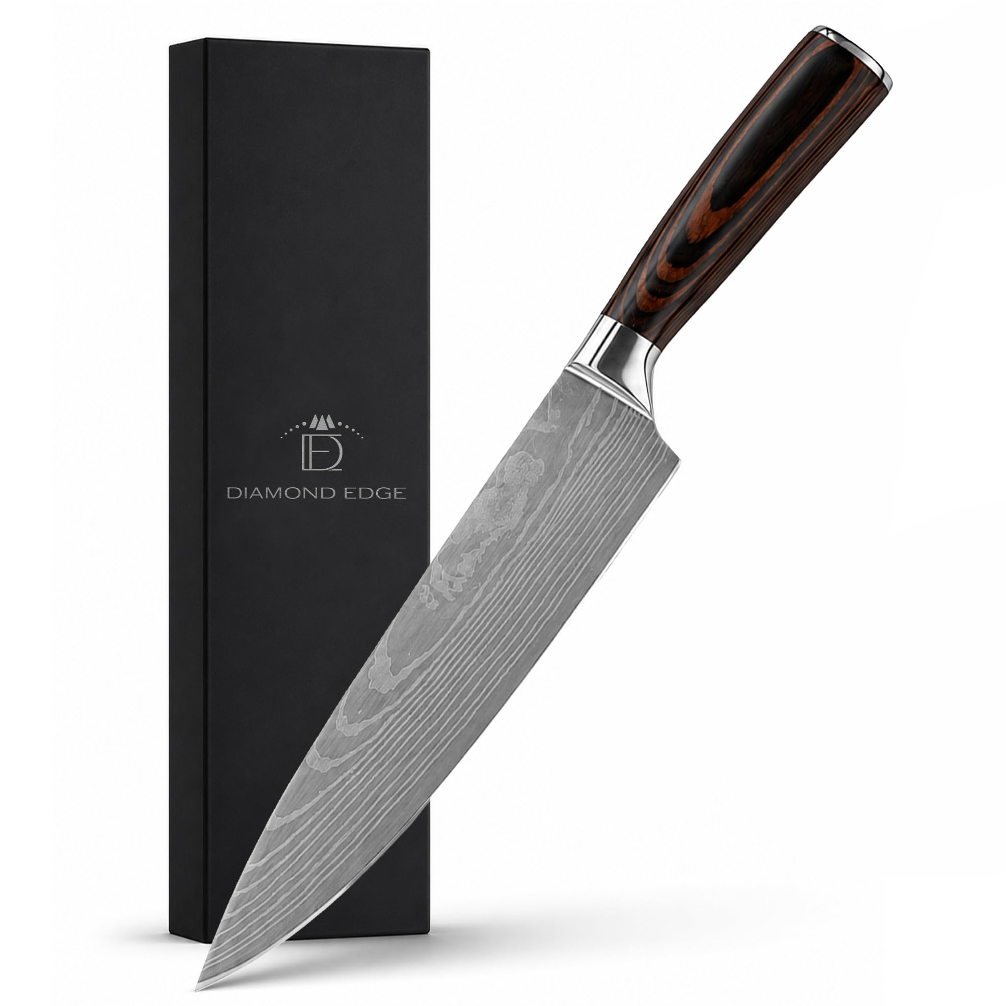 Diamond Edge Chef Knife - Professional Kitchen Knife with Ultra Sharp Stainless Steel Blade, Ergonomic Pakkawood Handle, Gift Box & Protective Sheath - Cooking Knife for Meat, Fish & Vegetables
