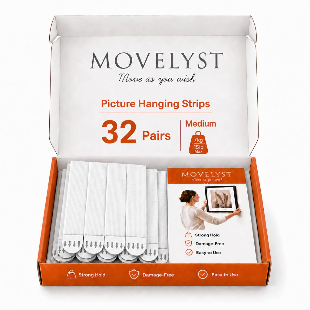 MOVELYST Picture Hanging Strips, Holds Up to 5kg, 32 Pairs (64 Strips) -M