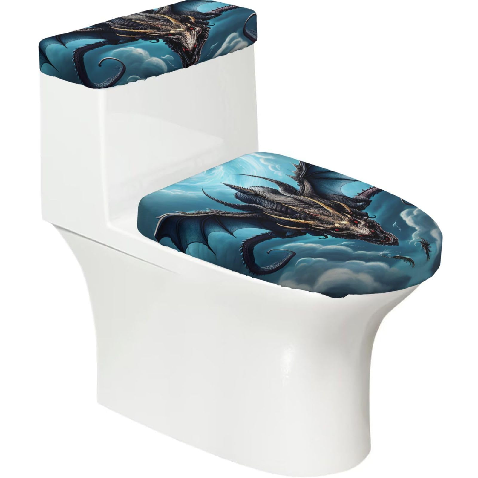 Cntdbu Black Flying Dragon Stretchy Toilet Lid And Tank Cover Set-Soft Elastic Bathroom Decor For U Shape Oval