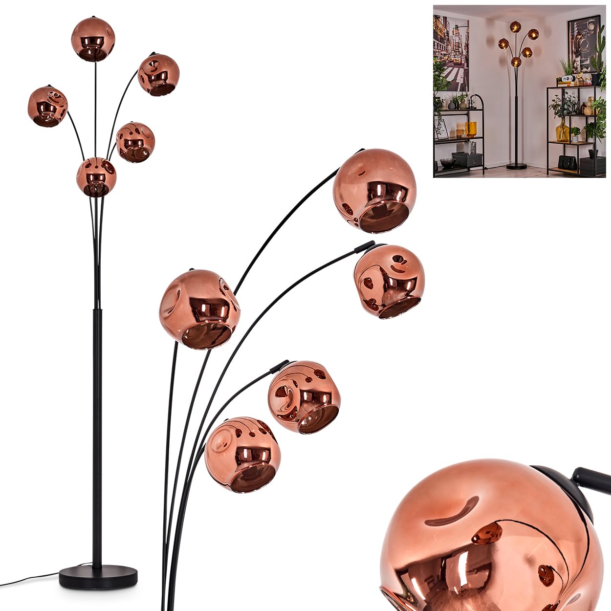 Ripoll Staande Lamp – Zwart/amber Glas, 210 Cm Hoog, Retro Design, Met Voetschakelaar, 3x E14 (excl. Lampen) 5 miniatura