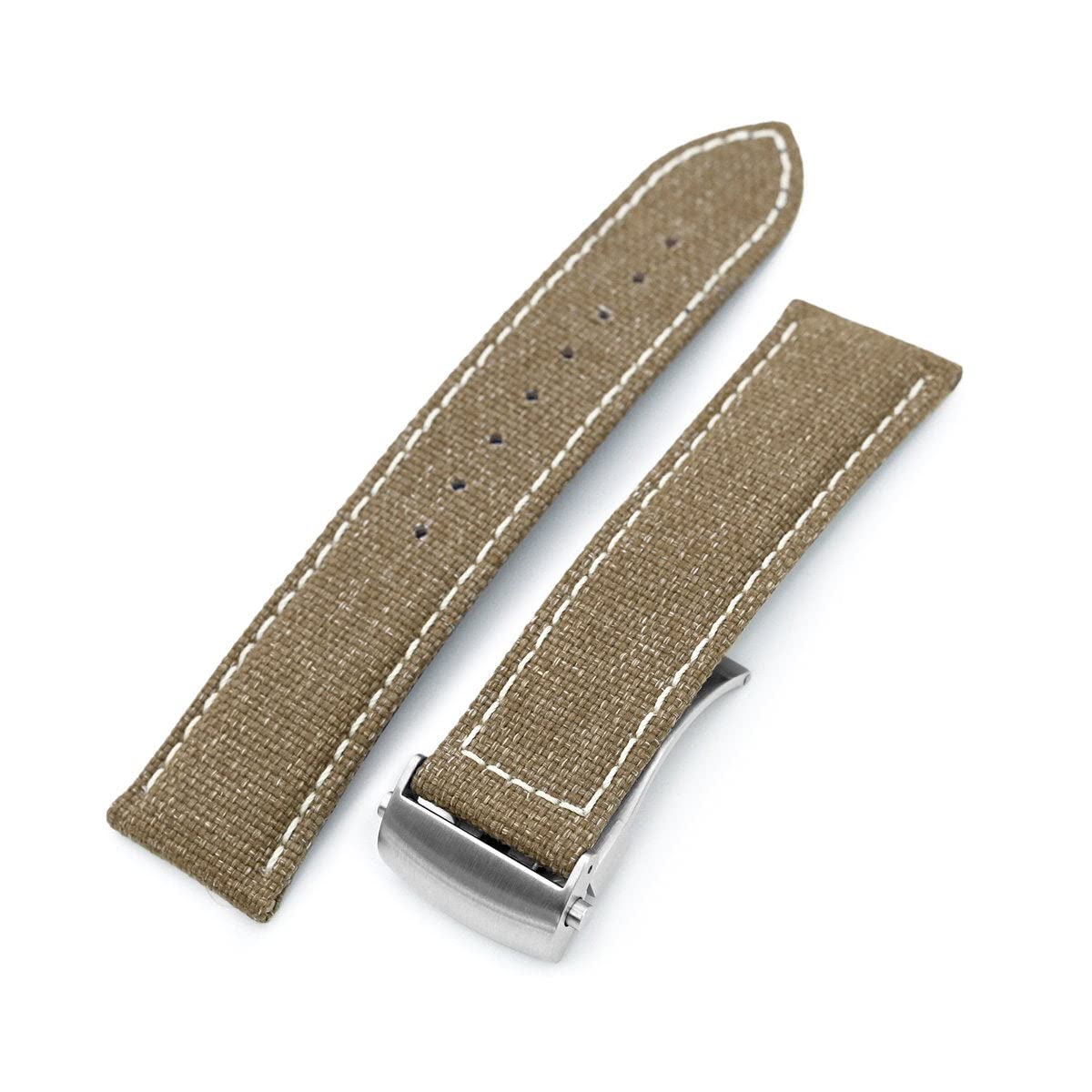 MiLTAT Bracelet de montre en toile kaki 20 mm Boucle brossée Boucle déployante à rouleau, coutures beiges