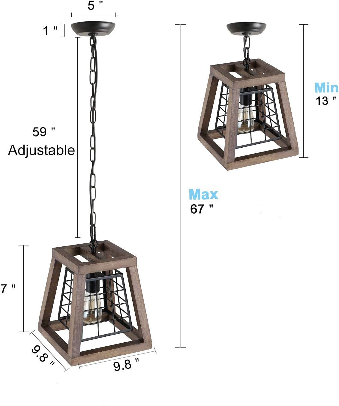 Top Rated Eumyviv 1 Light Rustic Wood Pendant Light with Cage, 9.8 Retro Industrial Farmhouse Chandelier Vintage Edison Ceiling Island Lighting Fixture, Brown Wood & Black Metal(P0044)