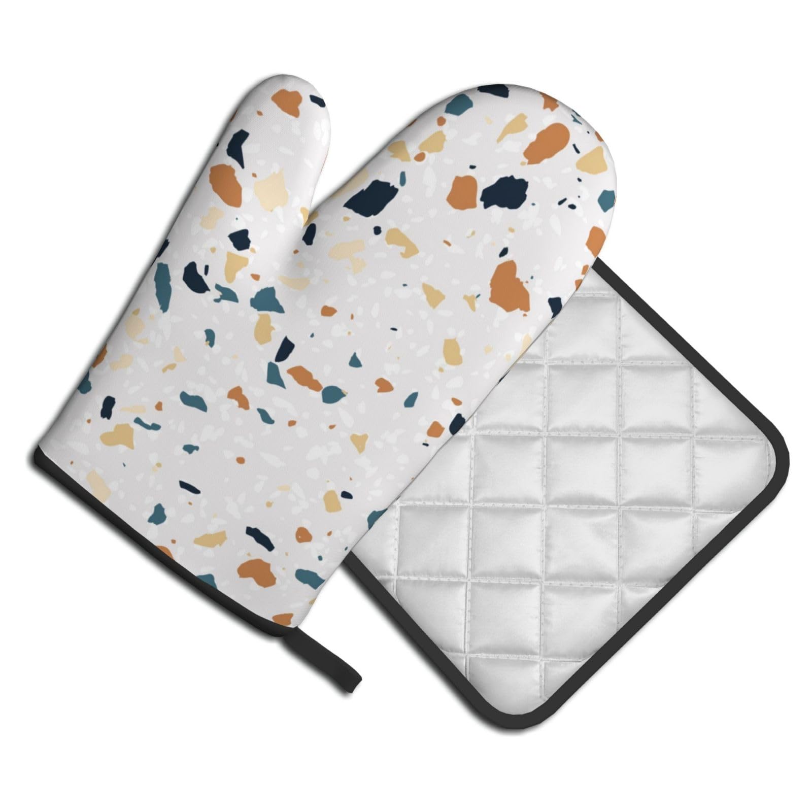 Oven Mitts and Pot Holders Set of 2 Pcs, Terrazzo Marble Pastel Printed Heat Resistant Kitchen Gloves Potholders for Cooking Baking Grilling