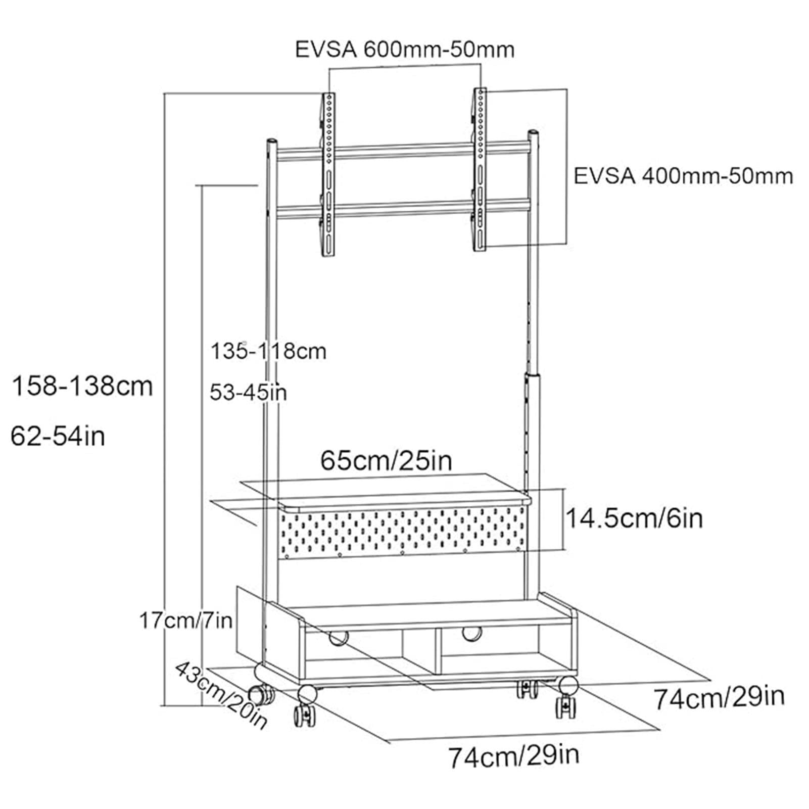Carrello Porta TV Mobile con Ruote, Supporto da Pavimento per TV LCD, Mobile per La Maggior Parte dei Televisori da 40-85 Pollici Fino A 130 Libbre, Ruote Silenziose, Altezza Regolabile