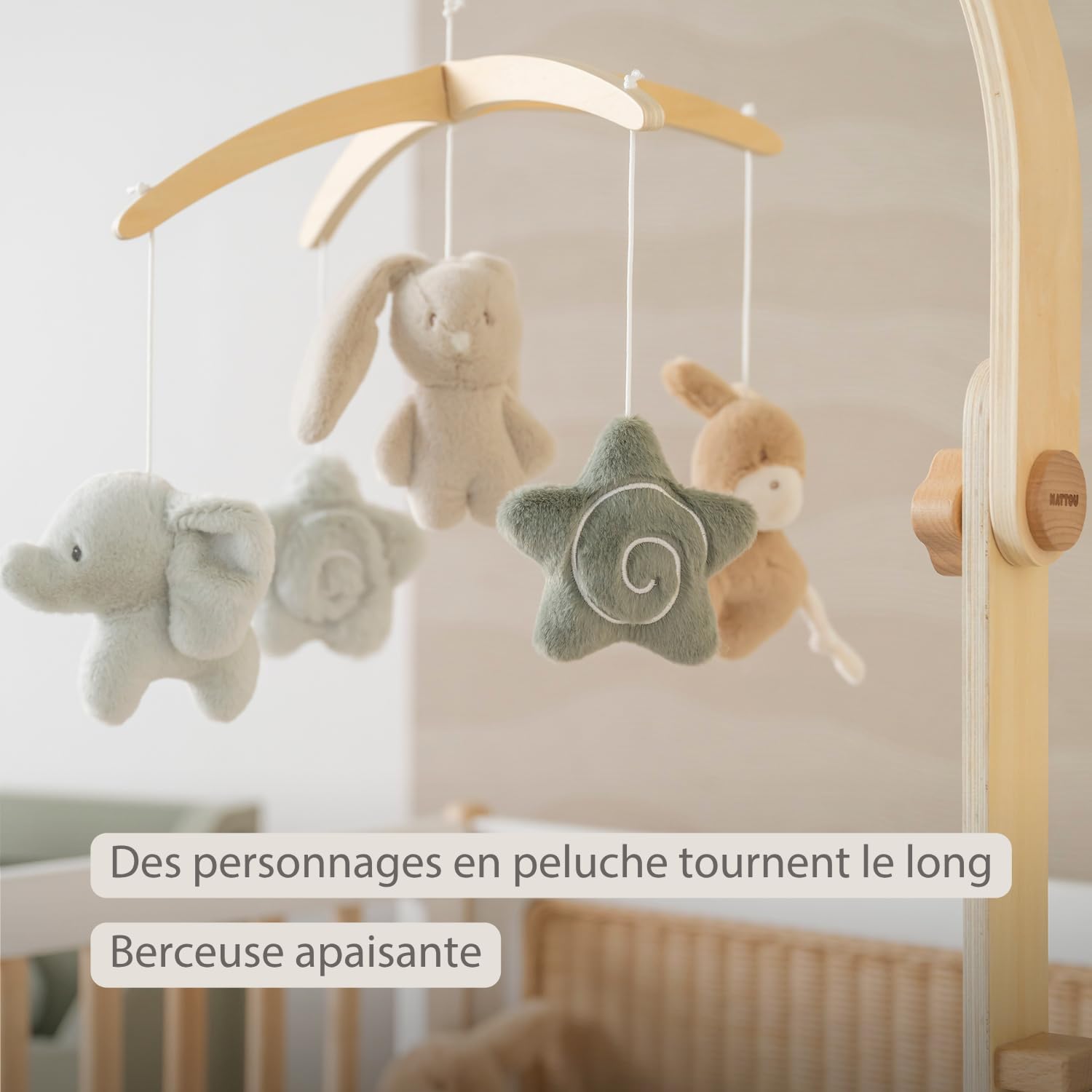 Nattou Loulou Mobile Musical en Bois, Cadeau pour Bébé, Cadeau de Naissance, Mobile Musical Lit Bébé, 50 x 40 x 74 cm, Couleurs Douces