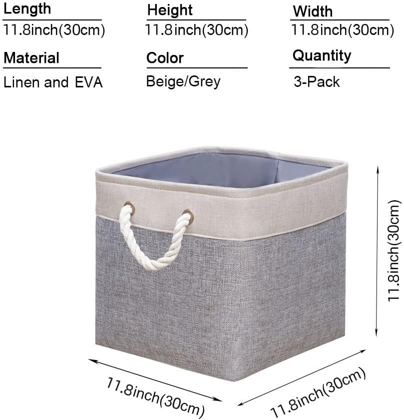 Yawinhe Foldable Storage Basket 3 Pack, Collapsible Storage Bins with Rope Handles, Wardrobe Organiser, for Sorting Clothes, Books, Toys, Family Items, 30x30x30cm, Beige/Grey, SNK004WGS