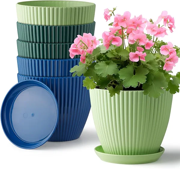 RooTrimmer Plastic Plant Pots, 6 Pack 7.5 Inch Flower Pots with Drainage Holes and Saucer, Planters for Indoor Outdoor Plants, Stylish Decor for Home and Garden(Blue, Green, Dark Green)