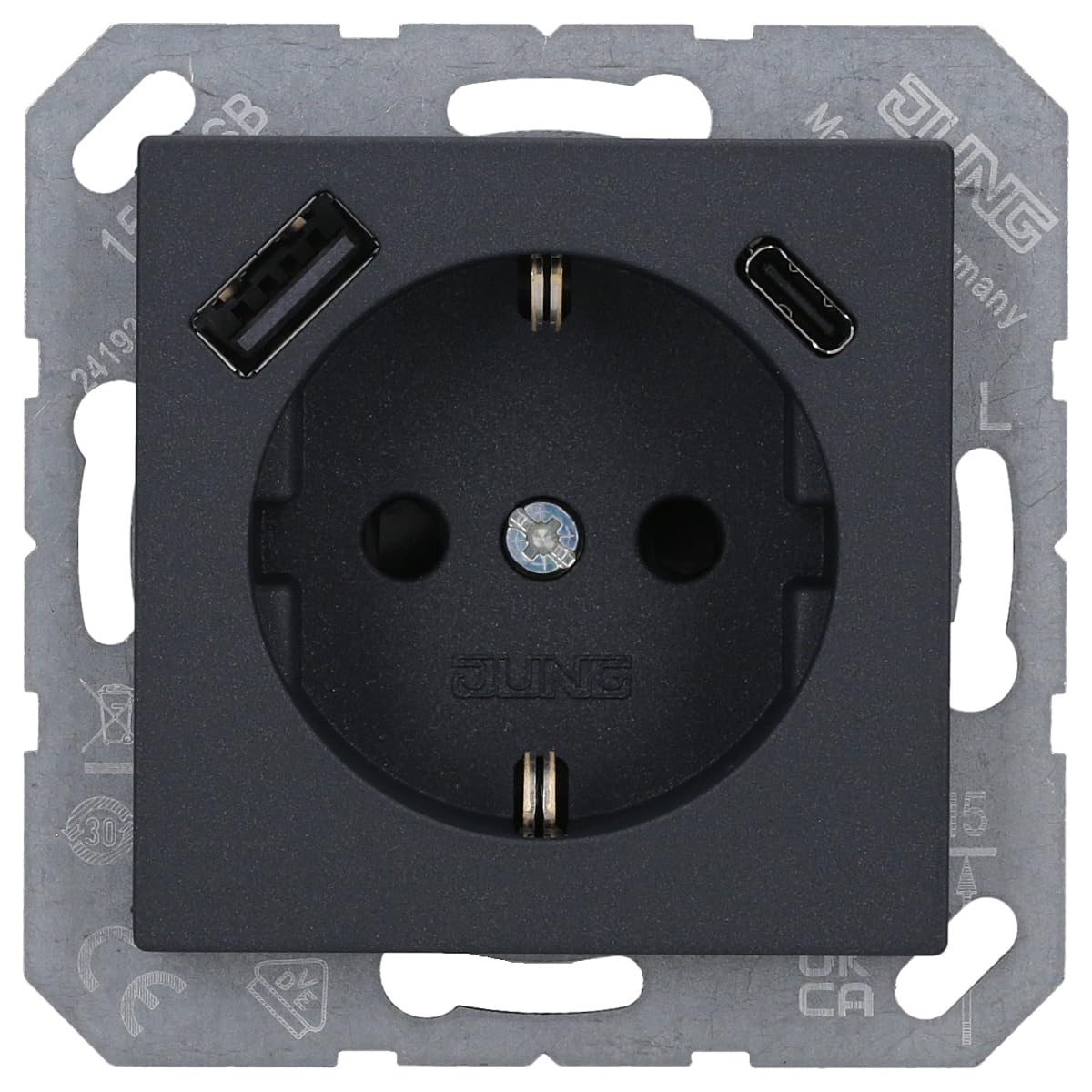 Jung A1520-15CAANM SCHUKO-Steckdose mit USB Typ AC (max. 3A) mit erhöhtem Berührungsschutz (Thermoplast bruchsicher) Anthrazit Matt Serie A