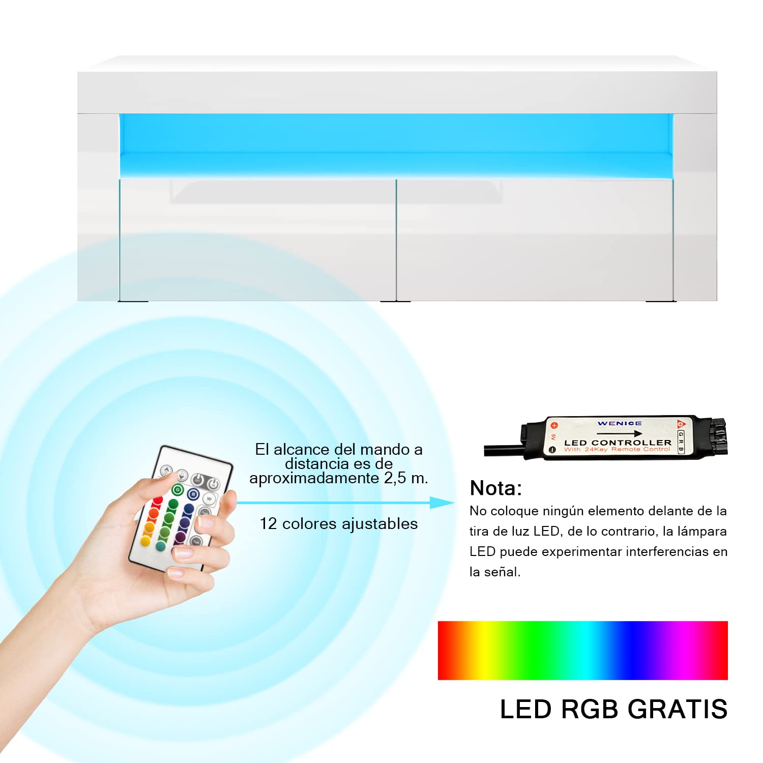 SONNI Mueble TV con Luces Regulables de 12 Colores,Mueble de Salón con LED y Estante de Cristal (Blanco, 120x40x45cm)