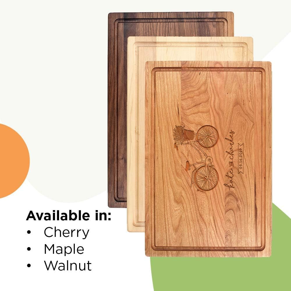 Flower Bike-Personalized Wooden Cutting Board for Kitchen Juice Groove Natural Custom Engraved in USA, Anniversary Wedding Housewarming for Couples (Walnut 11x17)