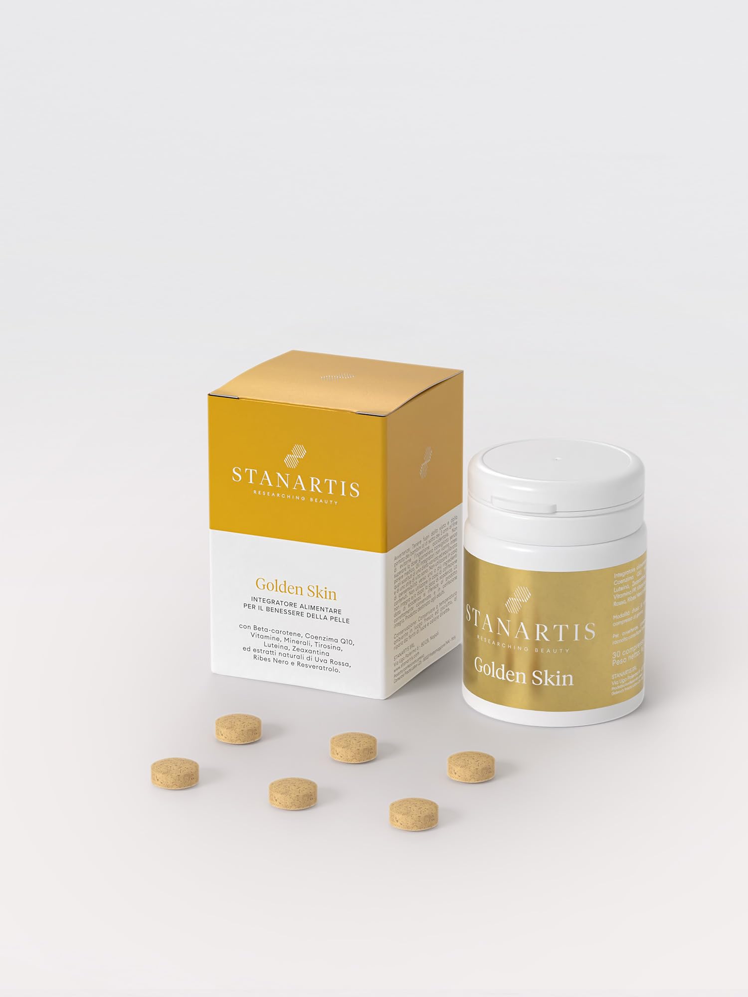 Stanartis Integratore Pelle Abbronzante Golden Skin – Beta Carotene Rame Selenio Vitamina C ed E – Abbronzatura Intensa e Uniforme – 30 Compresse da 550 mg