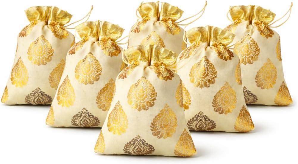 Rajasthan Kraft Gold Banarasi Tissue Pack Of 6 Potli Bag, 23x19 cm Brocade Look Foil Print Drawstring Potli For Wedding & Diwali Return Gifts, Festive Favor Bags, Potli Bag for Women