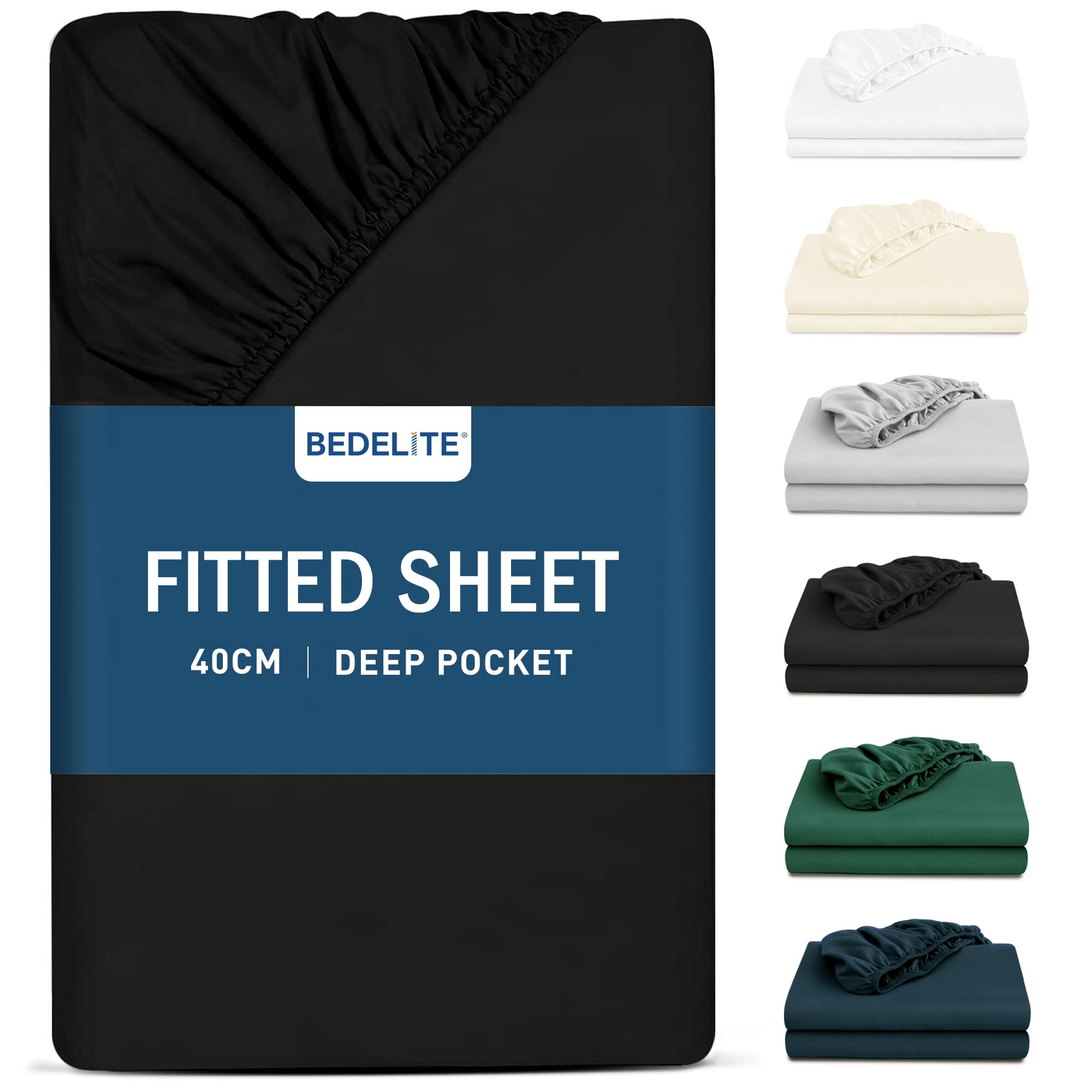 BEDELITE King Size Fitted Sheet Deep - Black Soft Brushed Microfibre Bottom Sheet for Kingsize Bed, Deep Pocket 16 inch (40 cm), 150x200cm
