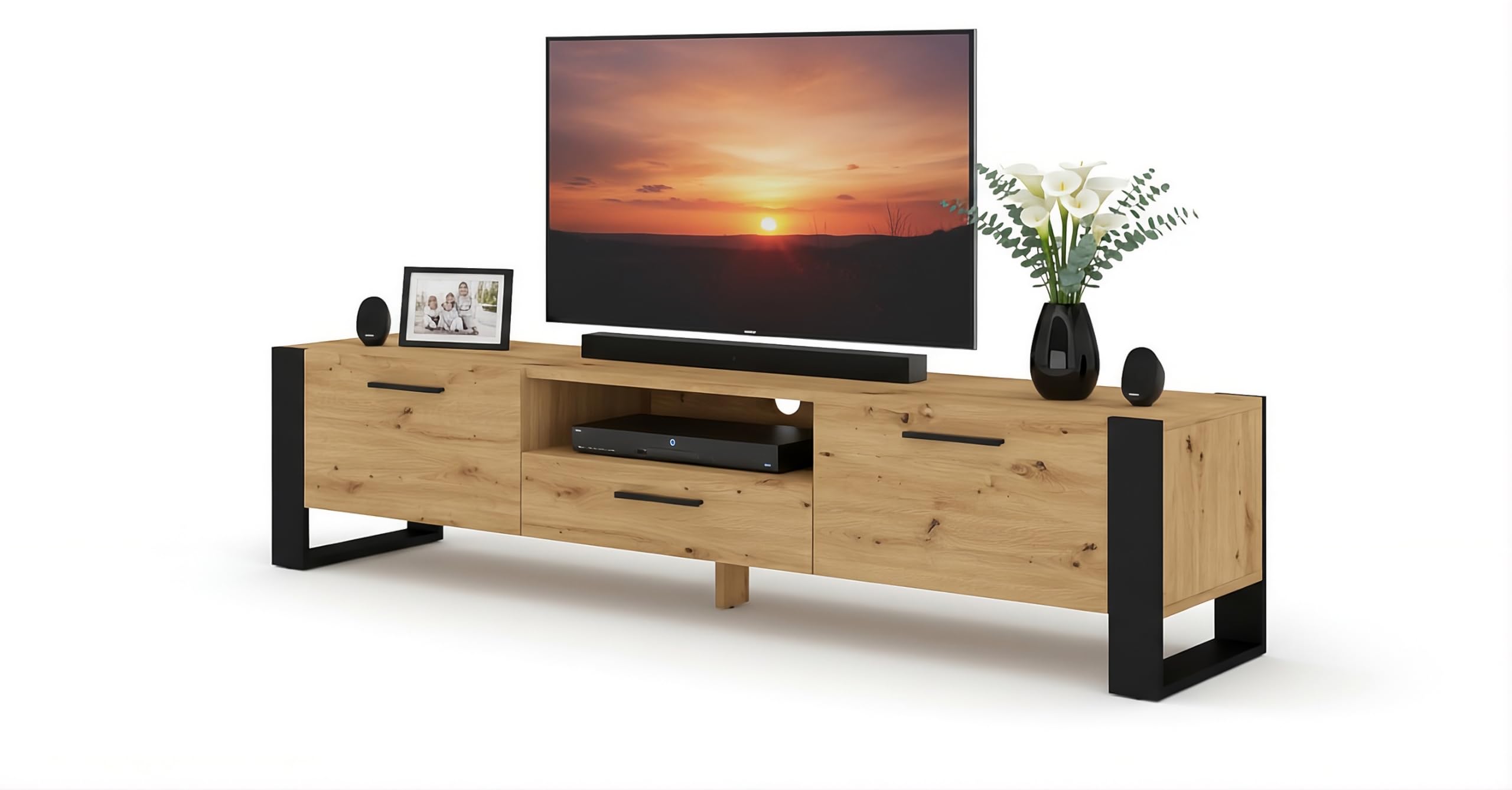 Meuble TV pour téléviseur jusqu'à 70" Moderne, 3 Portes idéal pour Salon Chambre, Banc TV,1 Niche Ouverte et Passe Câbles Intégré Chêne Artisan L 200 X P 43 X H 48 cm Nuka