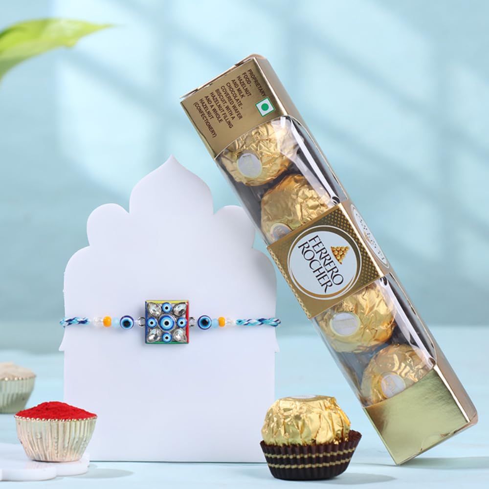FlowerAura Rakhi For Brother With Chocolate - Evil Eye Rakhi & 4 Choco Balls Pack With Roli Chawal Tikka - Rakhi Hamper Gift For Brother | Bhai | Cousins | Rakshabandhan Gift Combo-image-36