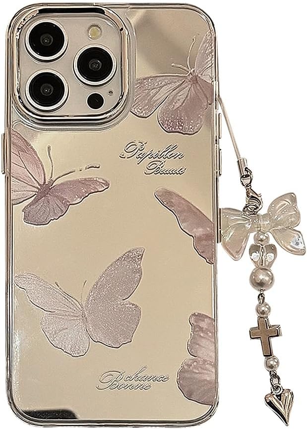 Glitter Butterfly Makeup Mirror Bow Chain Lanyard Soft Designed for iPhone Case(Silver,for iPhone 17 Pro)