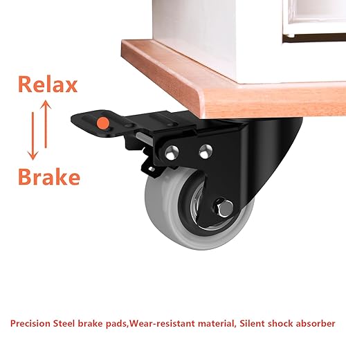 Miniatura 4 de Ruedas de 2 pulgadas, juego de 4 ruedas industriales de alta resistencia con freno de poliuretano sin ruido, con doble bloqueo y doble rodamiento de