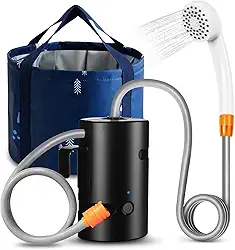 Chuveiro de acampamento portátil, bomba de chuveiro para acampamento ao ar livre com baterias recarregáveis USB – chuveiro de acampamento + balde dobrável para acampamento