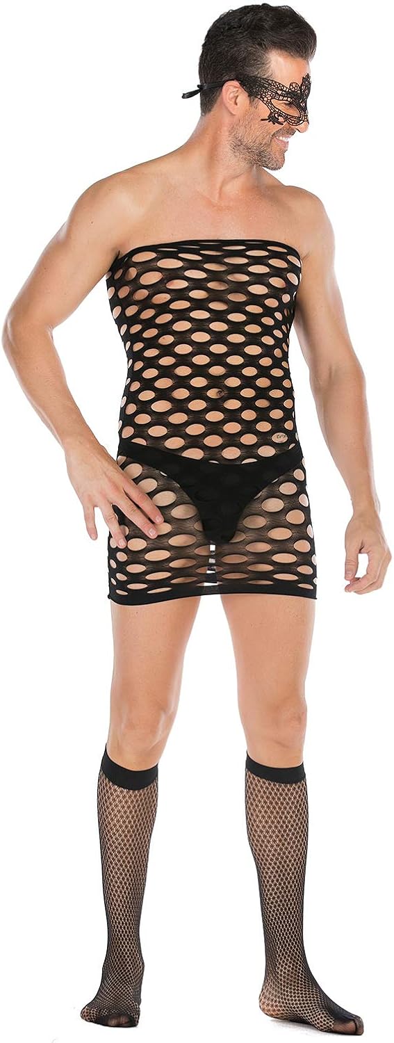 SINROYEE Men's Sheer Lace Lingerie Sissy clothes Sexy Tight Cut Out Elastic Nightgown One-piece Bodysuit