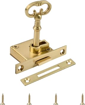 Vintage Lock Set with Key - Gold Cabinet, Drawer, Jewelry Box Lock with Retro Style, Antique Brass Finish