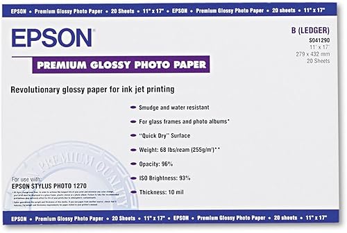 Epson S041290 Papel fotográfico premium, 68 libras, alto brillo, 11 x 17, 20 hojaspaquete