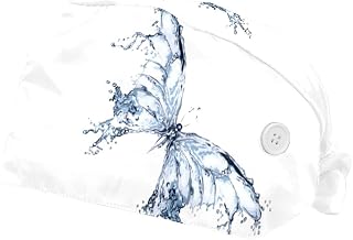 Water Splash Butterfly 2 Pack Adjustable Working Cap with Buttons Elastic Bouffant Hats Head Scarf with Sweatband for Women Men