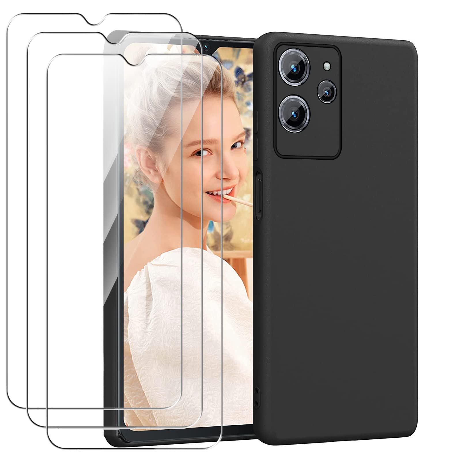 MEMELOKA Cover per Oukitel C32 + 3 Pezzi Pellicola in Vetro Temperato, Custodia Nero in Silicone Opaco Ultra Sottile Morbido TPU Anti-Scivolo Protezione Case Oukitel C32